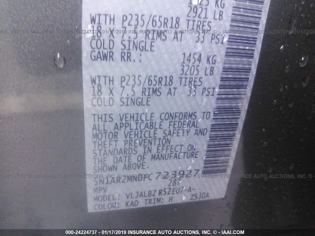 5N1AR2MN0FC723927 - 2015 NISSAN PATHFINDER S/SV/SL/PLATINUM GRAY photo 9