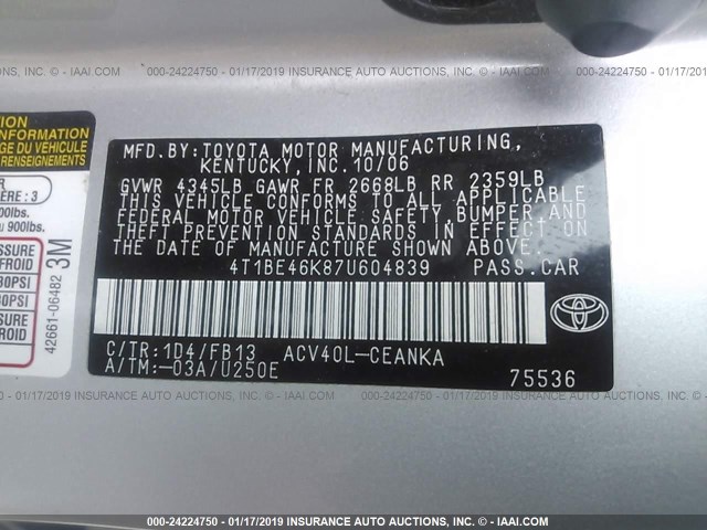 4T1BE46K87U604839 - 2007 TOYOTA CAMRY NEW GENERAT CE/LE/XLE/SE Light Blue photo 9