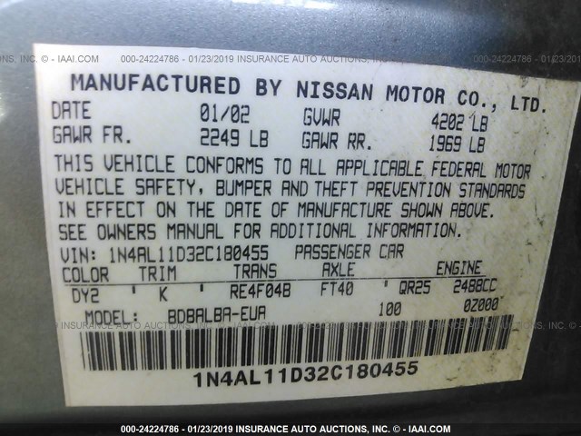 1N4AL11D32C180455 - 2002 NISSAN ALTIMA S/SL GRAY photo 9