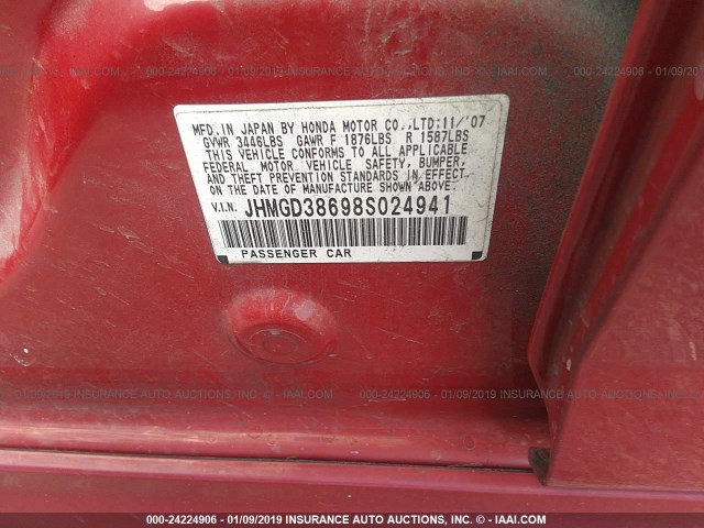 JHMGD38698S024941 - 2008 HONDA FIT SPORT RED photo 9