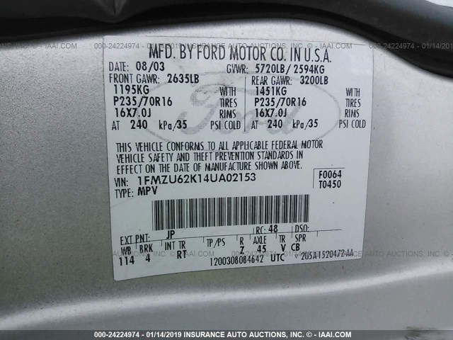 1FMZU62K14UA02153 - 2004 FORD EXPLORER XLS/XLS SPORT SILVER photo 9