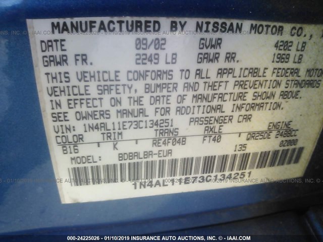 1N4AL11E73C134251 - 2003 NISSAN ALTIMA S/SL BLUE photo 9