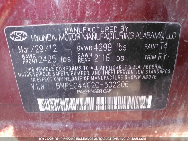 5NPEC4AC2CH502206 - 2012 HYUNDAI SONATA SE/LIMITED RED photo 9