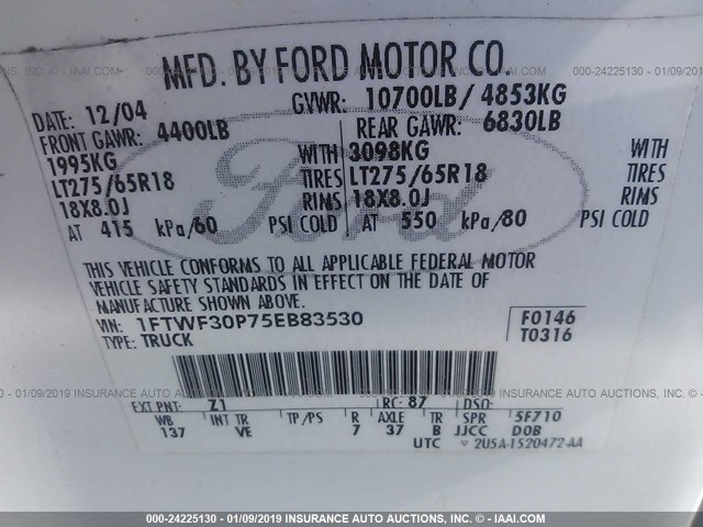 1FTWF30P75EB83530 - 2005 FORD F350 SRW SUPER DUTY Unknown photo 9