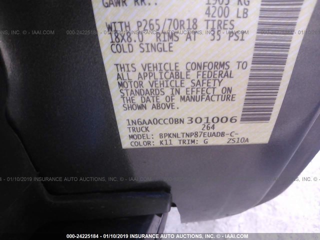 1N6AA0CC0BN301006 - 2011 NISSAN TITAN S/SV/PRO-4X GRAY photo 9