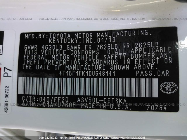 4T1BF1FK1DU648141 - 2013 TOYOTA CAMRY L/SE/LE/XLE 白色 照片 9