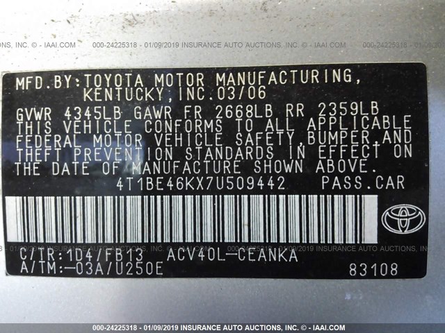 4T1BE46KX7U509442 - 2007 TOYOTA CAMRY NEW GENERATION CE/LE/XLE/SE SILVER photo 9