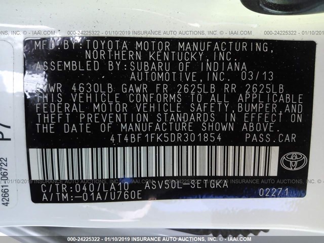 4T4BF1FK5DR301854 - 2013 TOYOTA CAMRY L/SE/LE/XLE Ağ foto 9