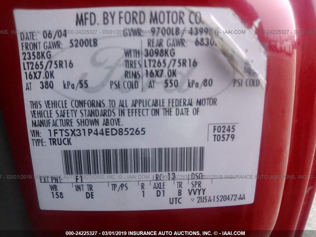 1FTSX31P44ED85265 - 2004 FORD F350 RED photo 9