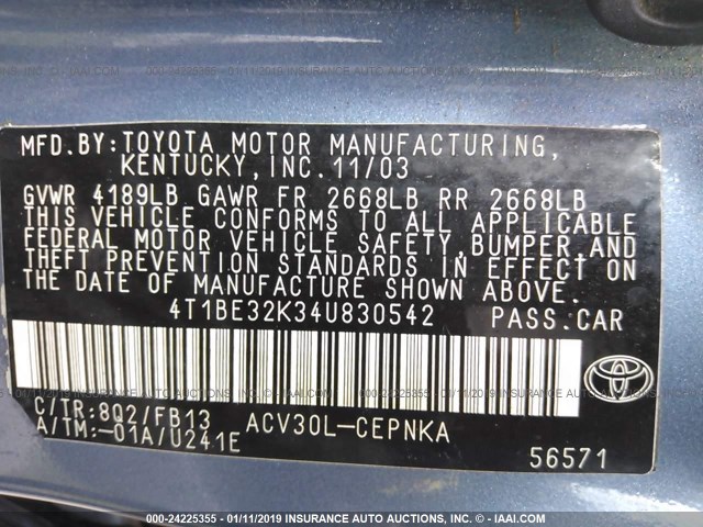 4T1BE32K34U830542 - 2004 TOYOTA CAMRY LE/XLE/SE BLUE photo 9