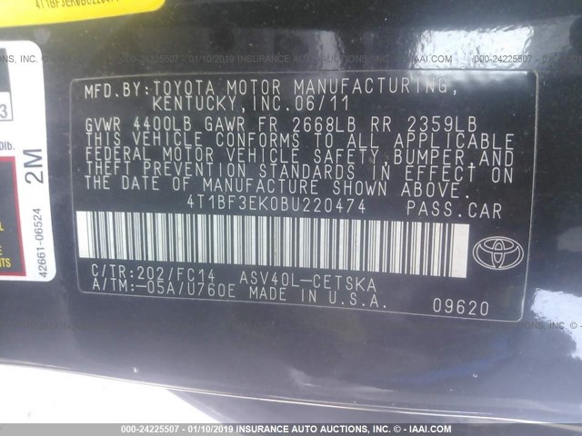 4T1BF3EK0BU220474 - 2011 TOYOTA CAMRY SE/LE/XLE 黑色 照片 9