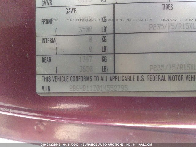 2B6HB11Z01K552795 - 2001 DODGE RAM VAN B1500 MAROON photo 9