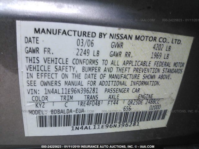 1N4AL11E96N396281 - 2006 NISSAN ALTIMA S/SL Pewter photo 9