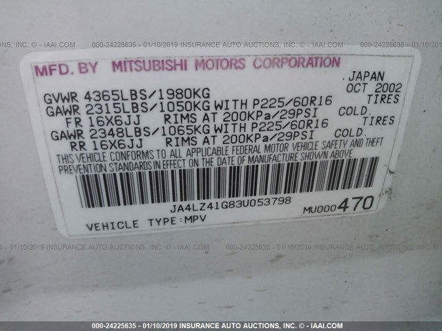 JA4LZ41G83U053798 - 2003 MITSUBISHI OUTLANDER XLS WHITE photo 9