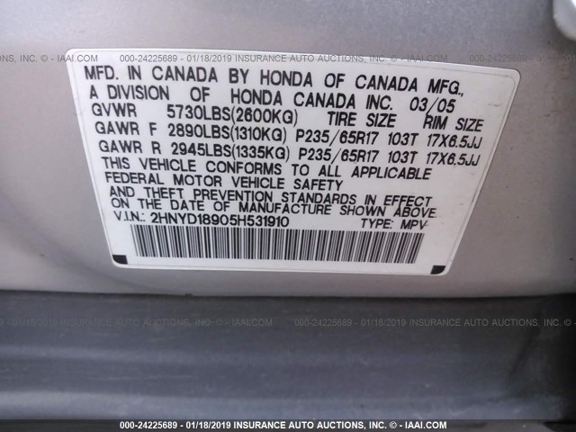 2HNYD18905H531910 - 2005 ACURA MDX TOURING SILVER photo 9