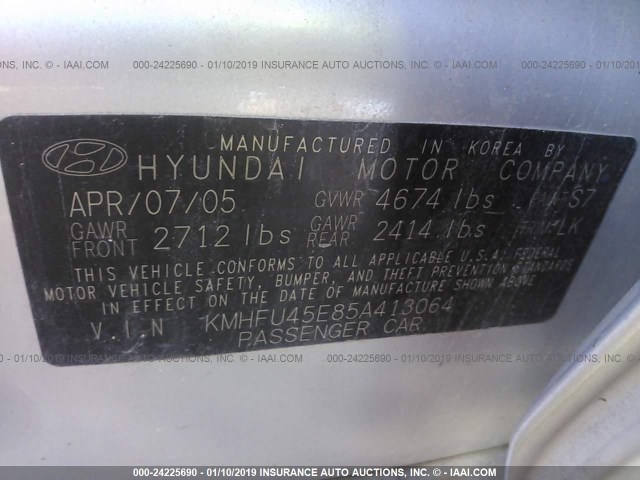 KMHFU45E85A413064 - 2005 HYUNDAI XG 350 SILVER photo 9