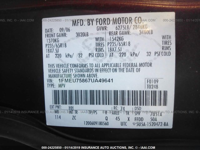 1FMEU75867UA49641 - 2007 FORD EXPLORER LIMITED MAROON photo 9