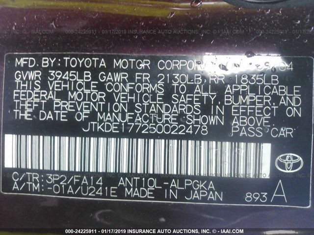 JTKDE177250022478 - 2005 TOYOTA SCION TC იასამნისფერი ფოტო 9