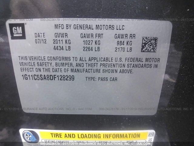 1G11C5SA8DF128299 - 2013 CHEVROLET MALIBU 1LT შავი ფოტო 9