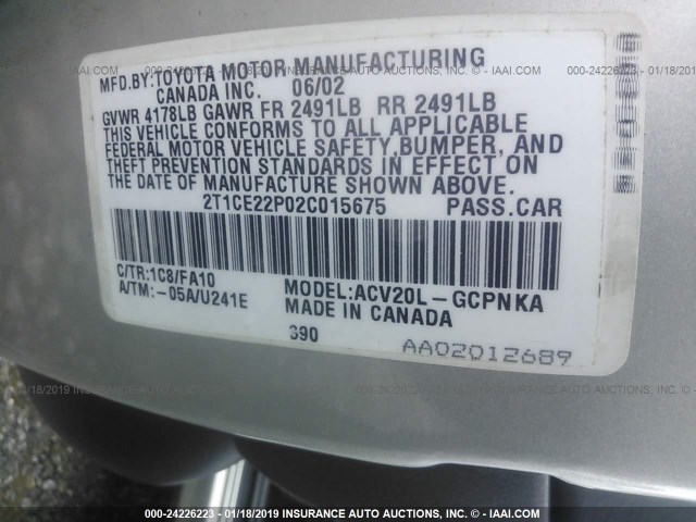 2T1CE22P02C015675 - 2002 TOYOTA CAMRY SOLARA SE SILVER photo 9