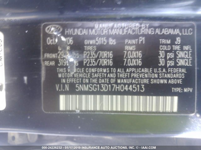 5NMSG13D17H044513 - 2007 HYUNDAI SANTA FE GLS BLUE photo 9