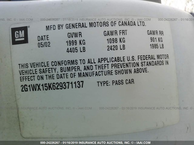 2G1WX15K629371137 - 2002 CHEVROLET MONTE CARLO SS თეთრი ფოტო 9