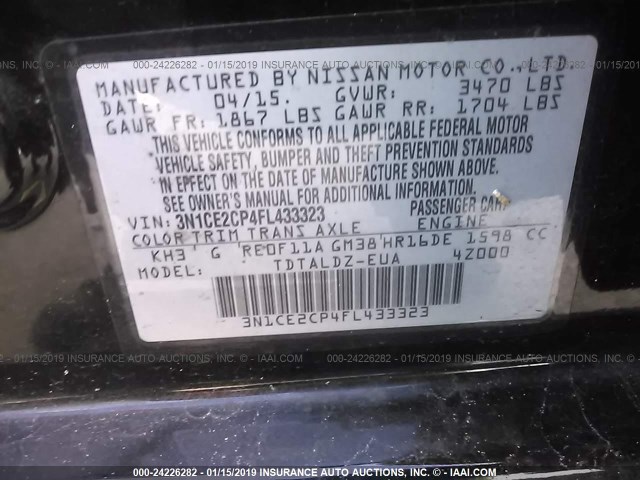 3N1CE2CP4FL433323 - 2015 NISSAN VERSA NOTE S/S PLUS/SV/SL/SR BLACK photo 9