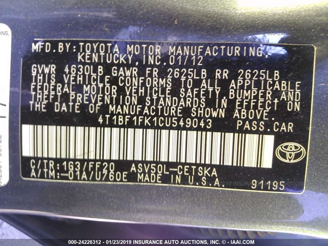 4T1BF1FK1CU549043 - 2012 TOYOTA CAMRY SE/LE/XLE GRAY photo 9