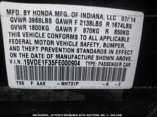 19VDE1F35FE000904 - 2015 ACURA ILX 20 BLACK photo 9