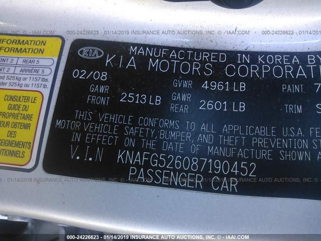 KNAFG526087190452 - 2008 KIA RONDO LX/EX SILVER photo 9