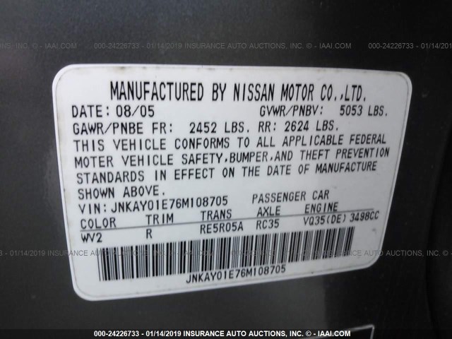 JNKAY01E76M108705 - 2006 INFINITI M35 SPORT GRAY photo 9