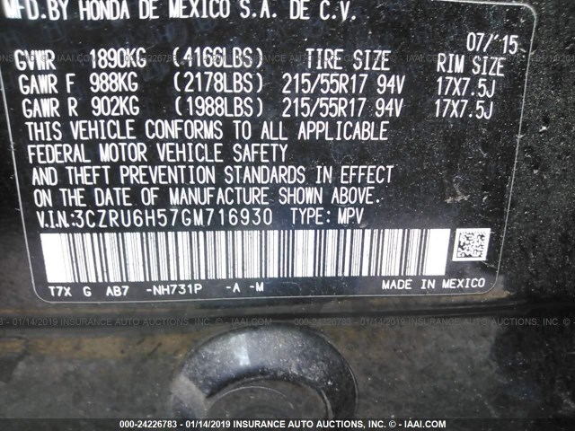 3CZRU6H57GM716930 - 2016 HONDA HR-V EX BLACK photo 9