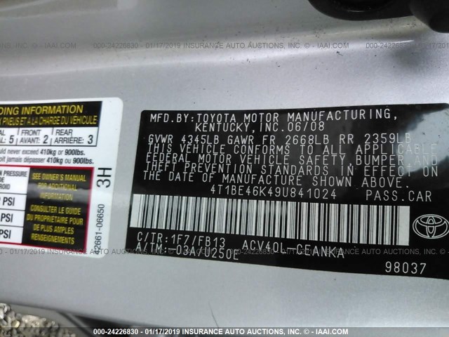 4T1BE46K49U841024 - 2009 TOYOTA CAMRY SE/LE/XLE 银色 照片 9