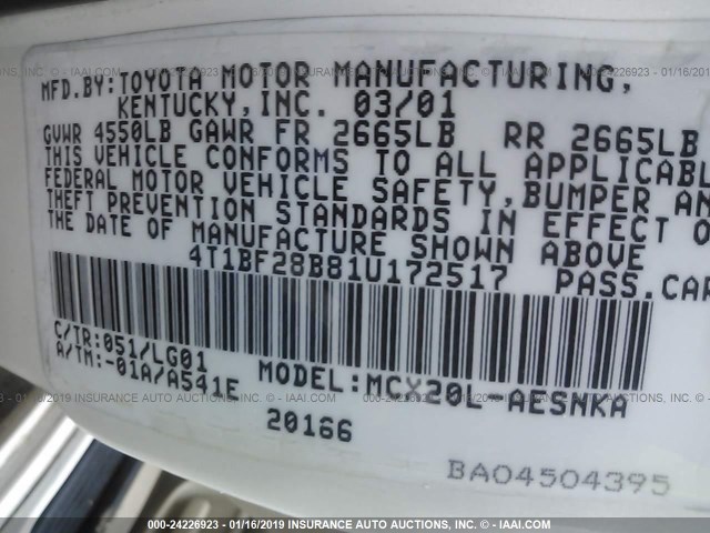 4T1BF28B81U172517 - 2001 TOYOTA AVALON XL/XLS WHITE photo 9