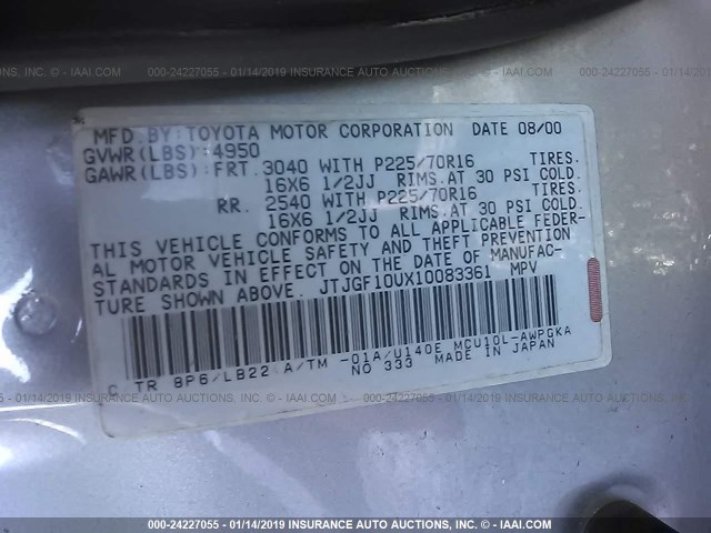 JTJGF10UX10083361 - 2001 LEXUS RX 300 TAN photo 9