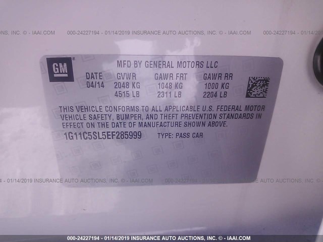 1G11C5SL5EF285999 - 2014 CHEVROLET MALIBU 1LT თეთრი ფოტო 9