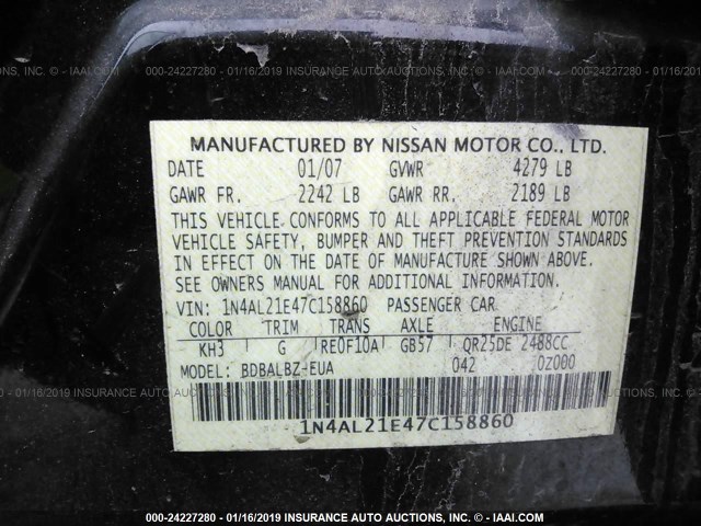 1N4AL21E47C158860 - 2007 NISSAN ALTIMA 2.5/2.5S BLACK photo 9