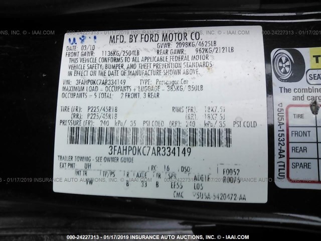 3FAHP0KC7AR334149 - 2010 FORD FUSION SPORT BLACK photo 9