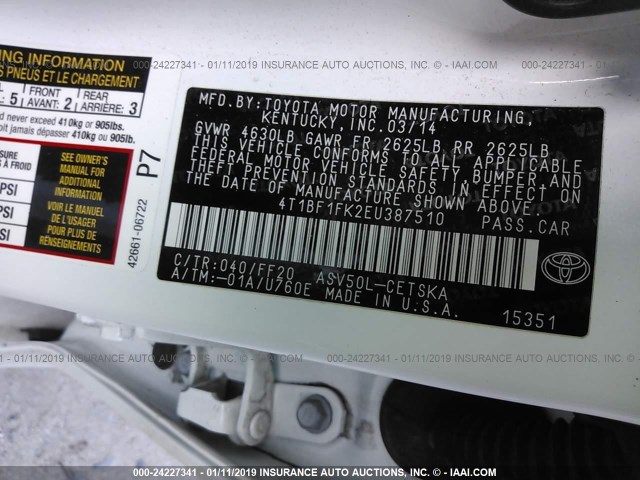 4T1BF1FK2EU387510 - 2014 TOYOTA CAMRY L/SE/LE/XLE 白色 照片 9