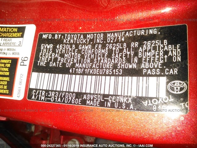 4T1BF1FK0EU785153 - 2014 TOYOTA CAMRY L/SE/LE/XLE RED photo 9