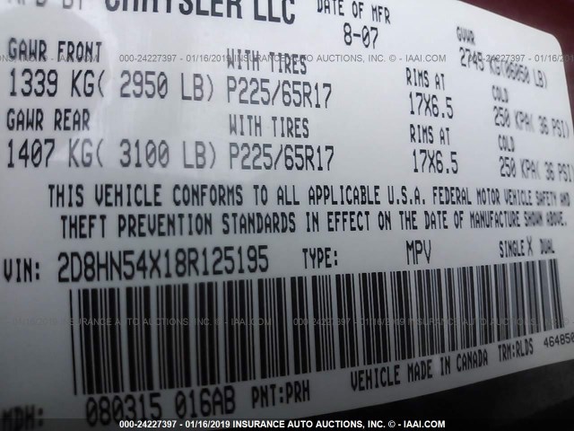 2D8HN54X18R125195 - 2008 DODGE GRAND CARAVAN SXT RED photo 9