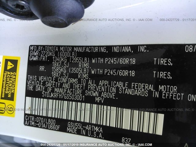 5TDJKRFH7GS503001 - 2016 TOYOTA HIGHLANDER XLE თეთრი ფოტო 9