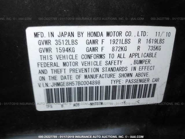 JHMGE8H57BC004898 - 2011 HONDA FIT SPORT GRAY photo 9