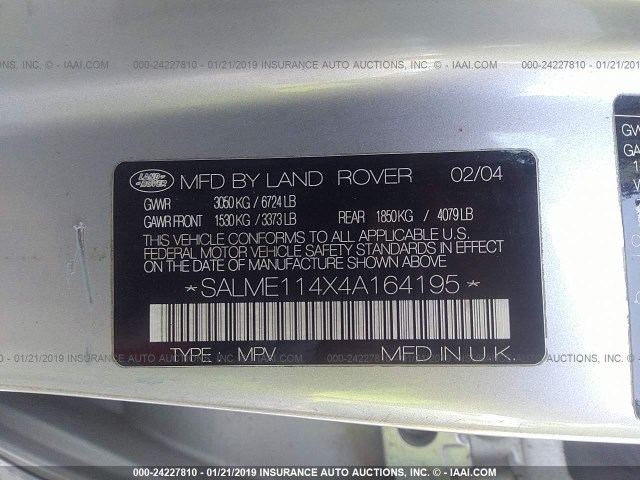 SALME114X4A164195 - 2004 LAND ROVER RANGE ROVER HSE SILVER photo 9