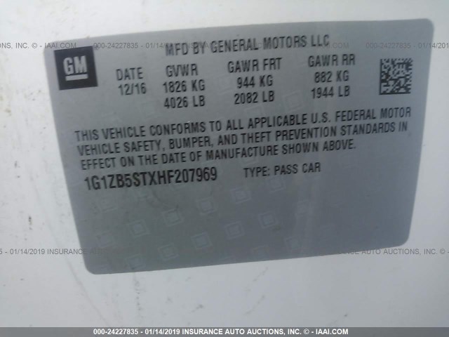 1G1ZB5STXHF207969 - 2017 CHEVROLET MALIBU LS WHITE photo 9