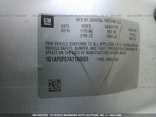 1G1AF5F57A7180663 - 2010 CHEVROLET COBALT 2LT SILVER photo 9