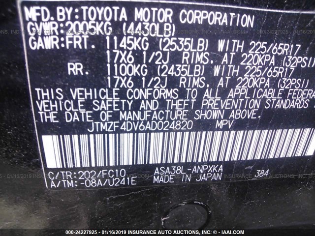 JTMZF4DV6AD024820 - 2010 TOYOTA RAV4 BLACK photo 9