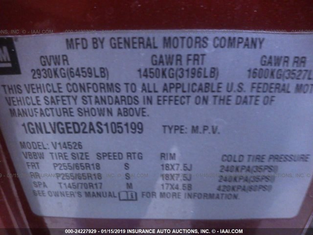1GNLVGED2AS105199 - 2010 CHEVROLET TRAVERSE LT RED photo 9