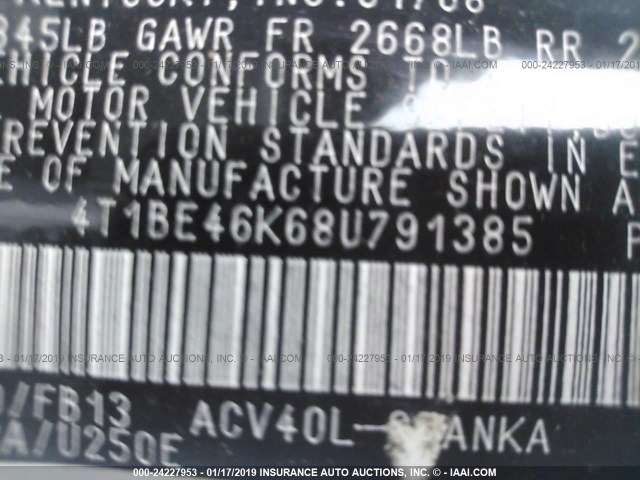 4T1BE46K68U791385 - 2008 TOYOTA CAMRY CE/LE/XLE/SE WHITE photo 9