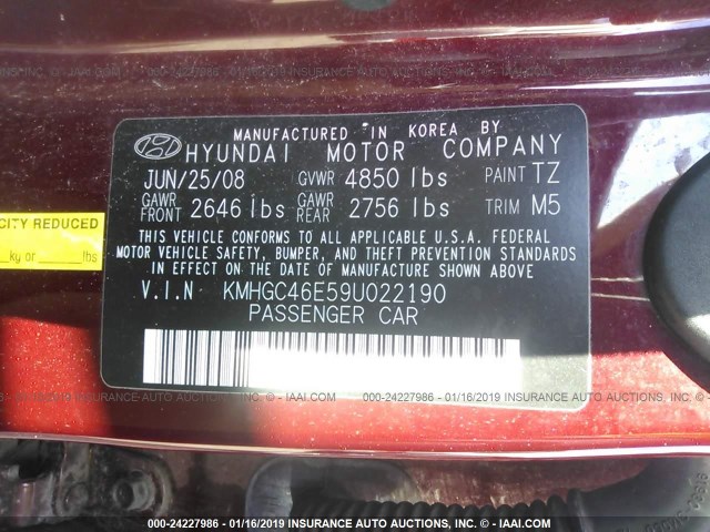 KMHGC46E59U022190 - 2009 HYUNDAI GENESIS 3.8L MAROON photo 9